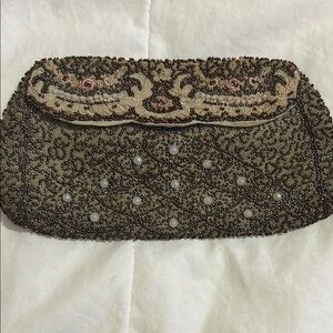 Brown and Gold Beaded Clutch with Ornate Design
